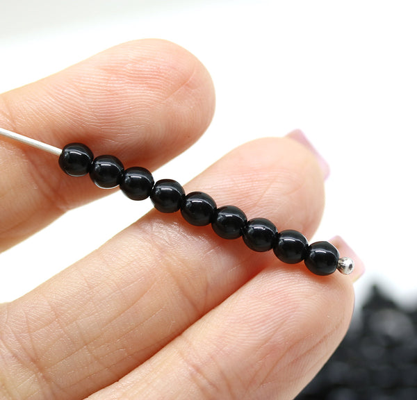 4mm Black czech glass beads round druk spacers, 10gr