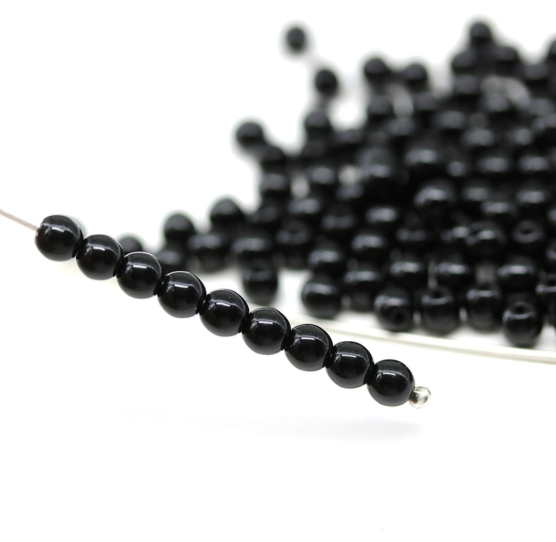 4mm Black czech glass beads round druk spacers, 10gr