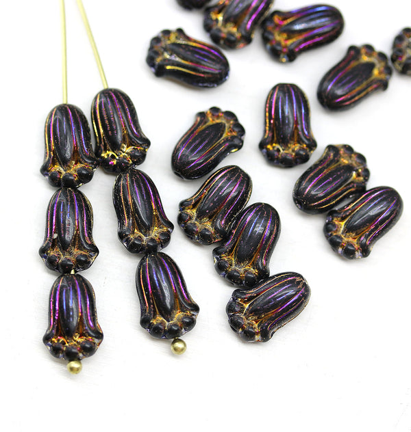 12x8mm Black iridescent tulip Czech glass beads