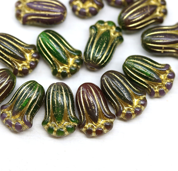 12x8mm Green purple tulip Czech glass beads, gold inlays