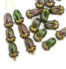 12x8mm Green purple tulip Czech glass beads, gold inlays