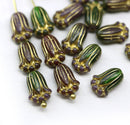 12x8mm Green purple tulip Czech glass beads, gold inlays