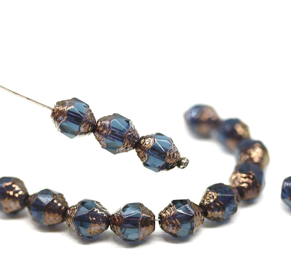 8x6mm Montana blue cathedral czech glass barrel beads Fire polished 15Pc