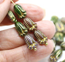 12x8mm Green purple tulip Czech glass beads, gold inlays