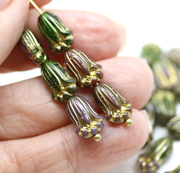 12x8mm Green purple tulip Czech glass beads, gold inlays