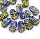 12x8mm Blue tulip Czech glass beads, gold inlays, 20Pc