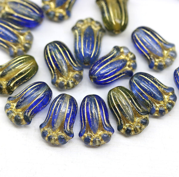 12x8mm Blue tulip Czech glass beads, gold inlays, 20Pc