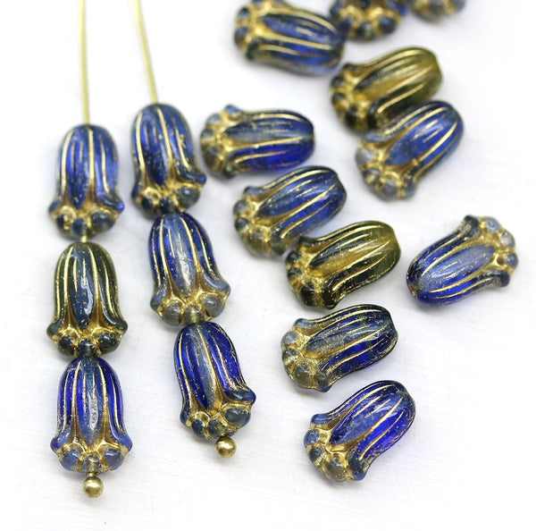 12x8mm Blue tulip Czech glass beads, gold inlays, 20Pc
