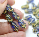12x8mm Blue tulip Czech glass beads, gold inlays, 20Pc