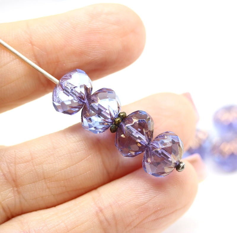 7x10mm Blue copper ends rondelle Crueller czech glass beads - 8Pc