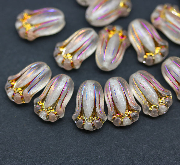 12x8mm Frosted clear tulip Czech glass beads, iridescent inlays