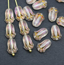 12x8mm Frosted clear tulip Czech glass beads, iridescent inlays
