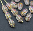 12x8mm Frosted clear tulip Czech glass beads, iridescent inlays