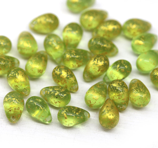 6x9mm Light green gold wash czech glass teardrop beads
