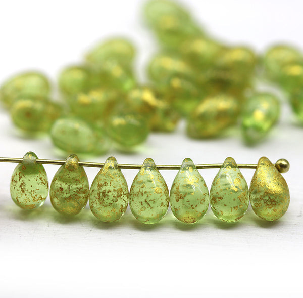 6x9mm Light green gold wash czech glass teardrop beads