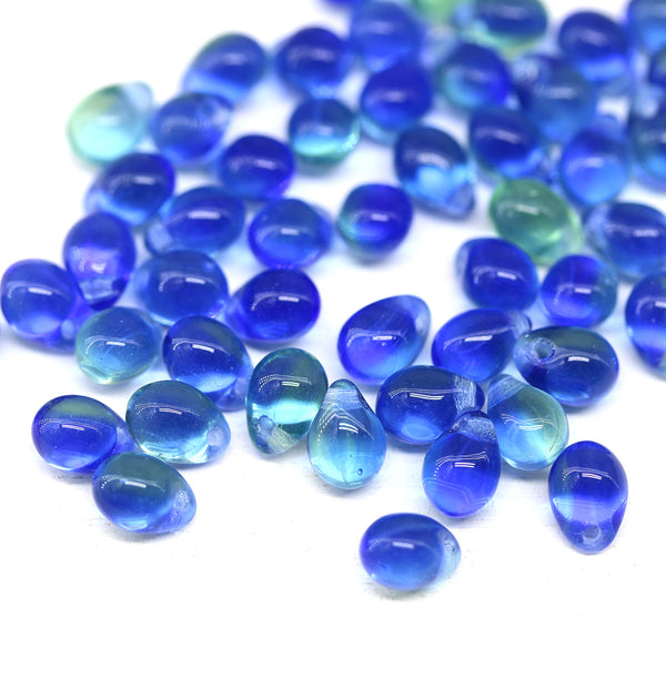 5x7mm Blue green glass drops, czech teardrop beads - 50pc