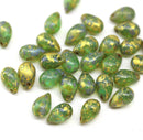 6x9mm Opal green gold wash czech glass teardrop beads