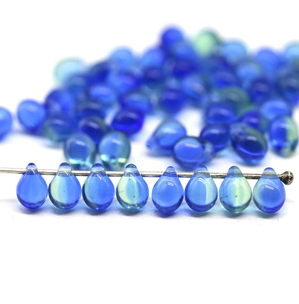 5x7mm Blue green glass drops, czech teardrop beads - 50pc