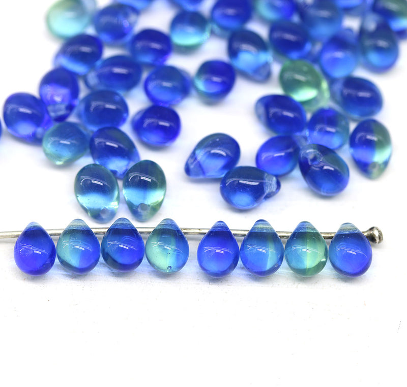 5x7mm Blue green glass drops, czech teardrop beads - 50pc