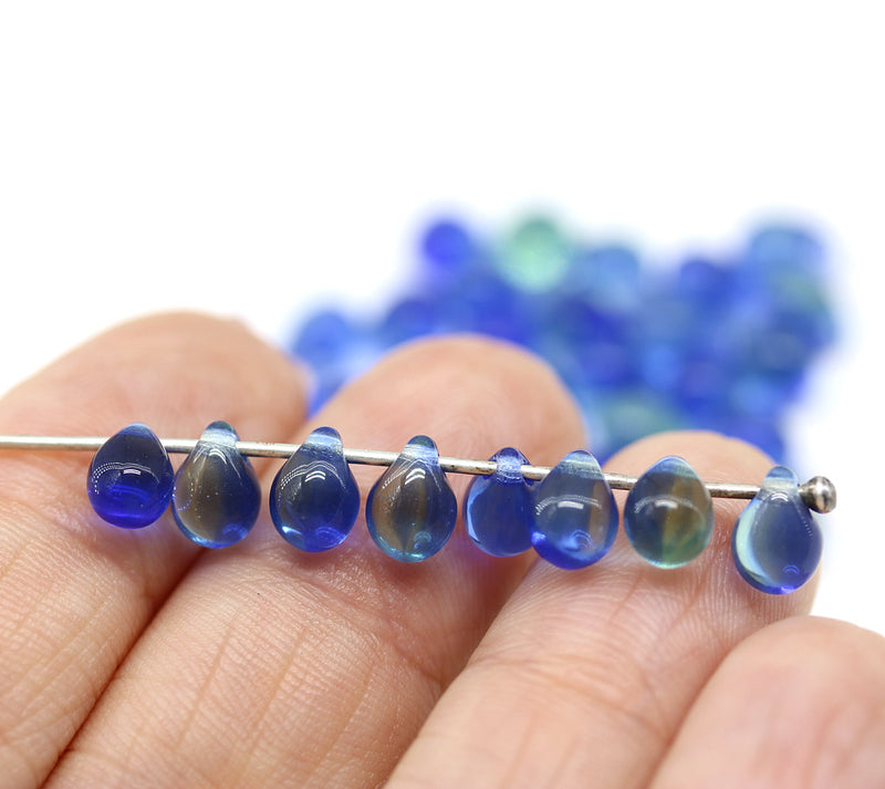 5x7mm Blue green glass drops, czech teardrop beads - 50pc