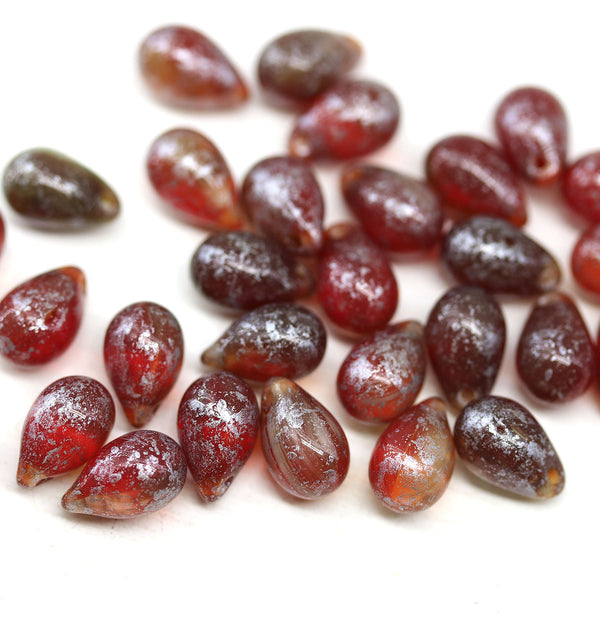 6x9mm Dark red silver wash czech glass teardrop beads