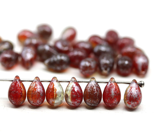 6x9mm Dark red silver wash czech glass teardrop beads