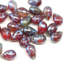 6x9mm Dark red rustic blue silver wash czech glass teardrop beads