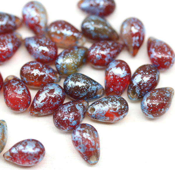 6x9mm Dark red rustic blue silver wash czech glass teardrop beads