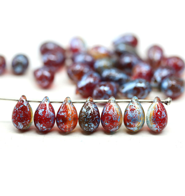 6x9mm Dark red rustic blue silver wash czech glass teardrop beads