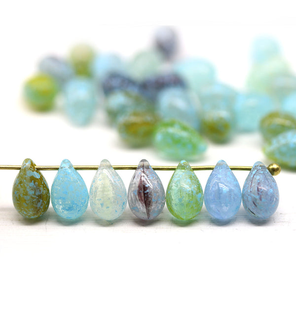 6x9mm Blue czech glass teardrop beads mix