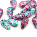 7x12mm Pink green long teardrop czech glass beads