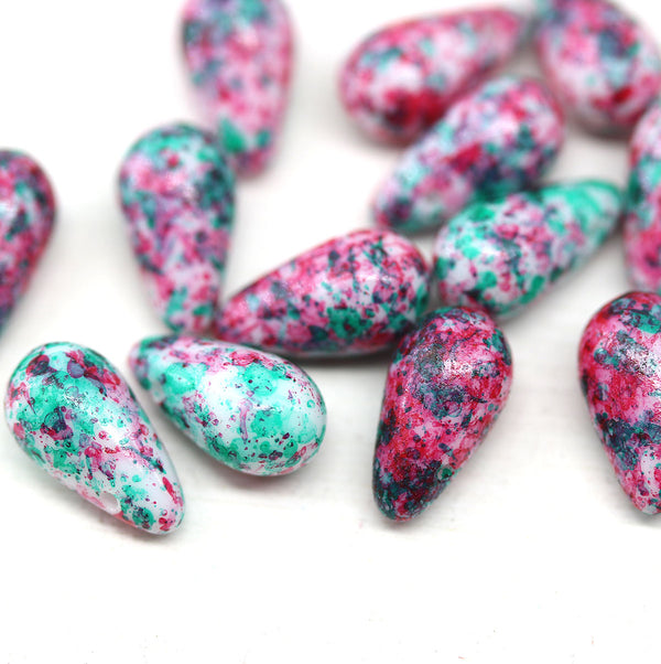 7x12mm Pink green long teardrop czech glass beads