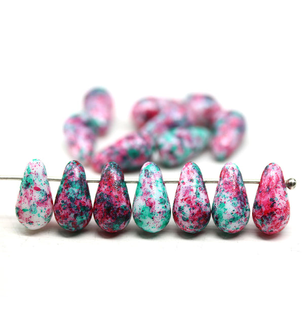 7x12mm Pink green long teardrop czech glass beads