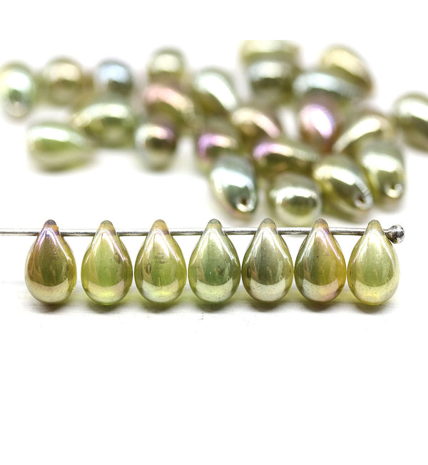 6x9mm Green czech glass teardrop beads mirror luster