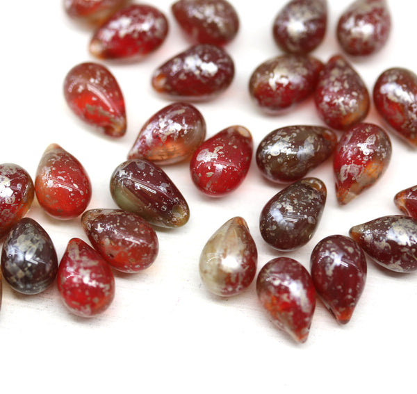 6x9mm Red czech glass teardrop beads, rustic silver finish 