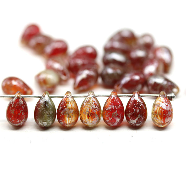 6x9mm Red czech glass teardrop beads, rustic silver finish 