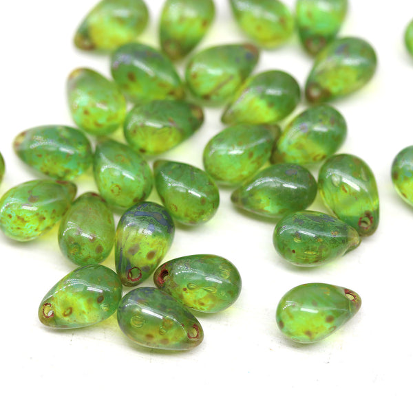 6x9mm Green picasso czech glass teardrop beads