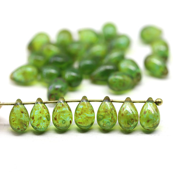 6x9mm Green picasso czech glass teardrop beads