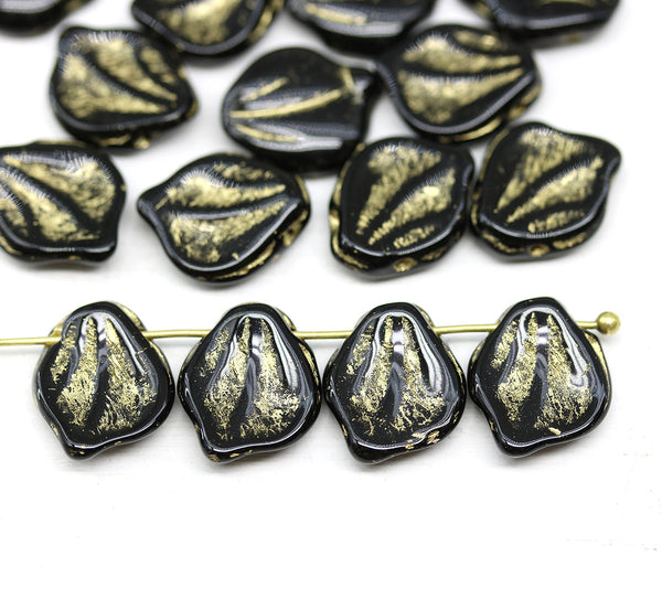 12x14mm Large black leaf beads, gold inlays