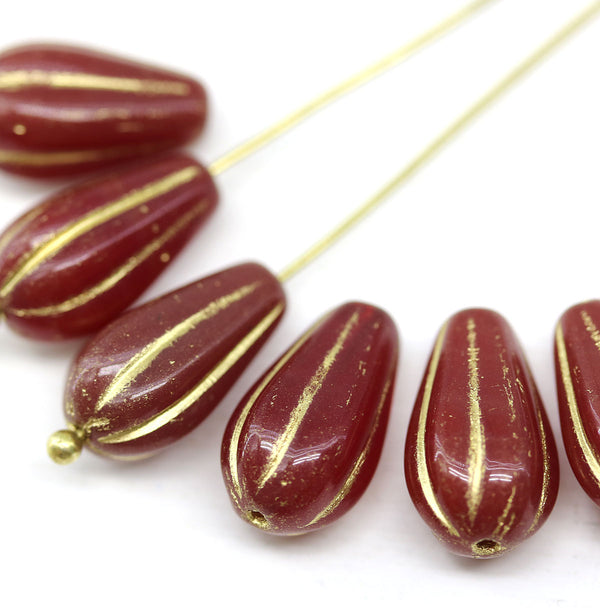 15x8mm Opal red pear shape teardrop czech glass beads gold inlays