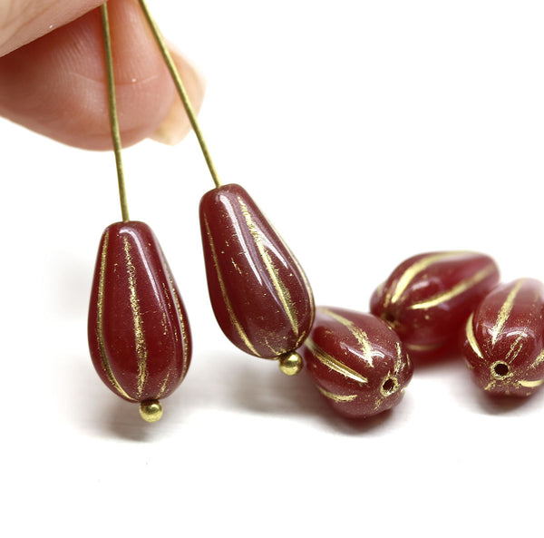 15x8mm Opal red pear shape teardrop czech glass beads gold inlays