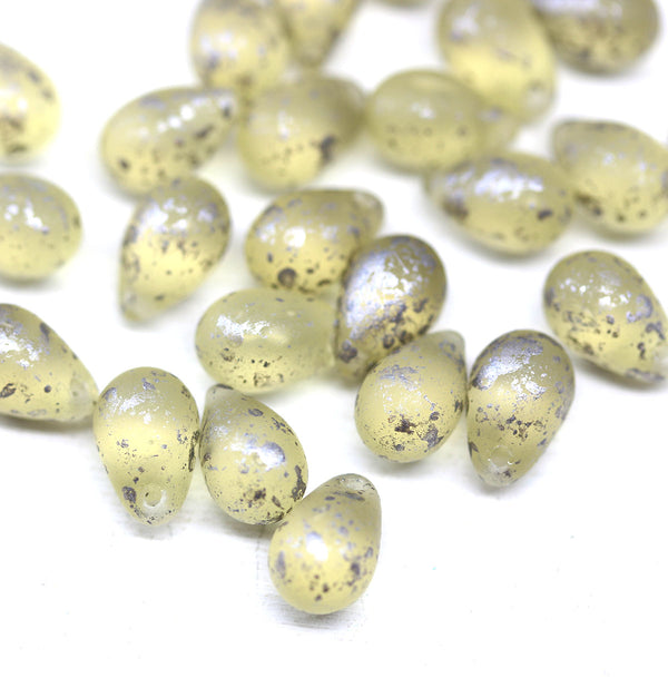 6x9mm Frosted seaglass pale yellow czech glass teardrop beads, silver wash 