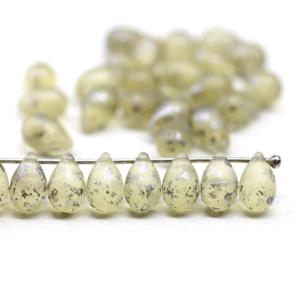 6x9mm Frosted seaglass pale yellow czech glass teardrop beads, silver wash 