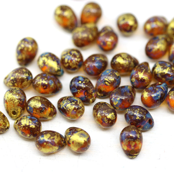 5x7mm Brown picasso gold wash teardrops pressed czech glass beads