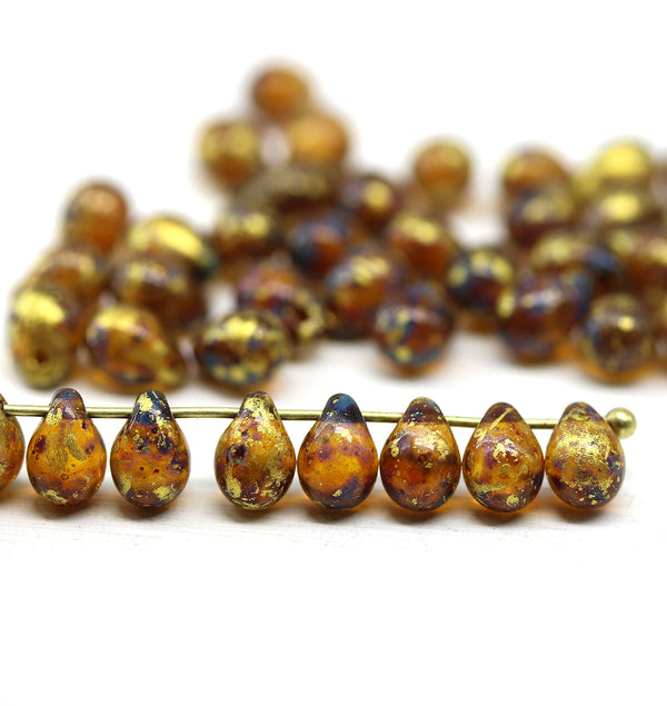 5x7mm Brown picasso gold wash teardrops pressed czech glass beads