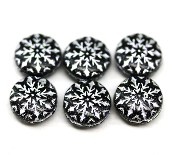 Black silver czech glass snowflake beads 6pc