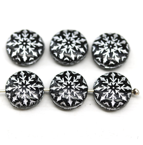 Black silver czech glass snowflake beads 6pc