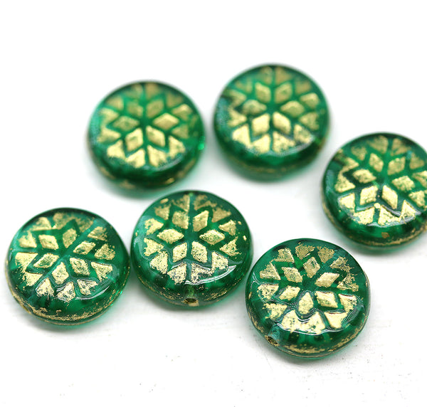 Teal green golden ornament czech glass snowflake beads 6pc