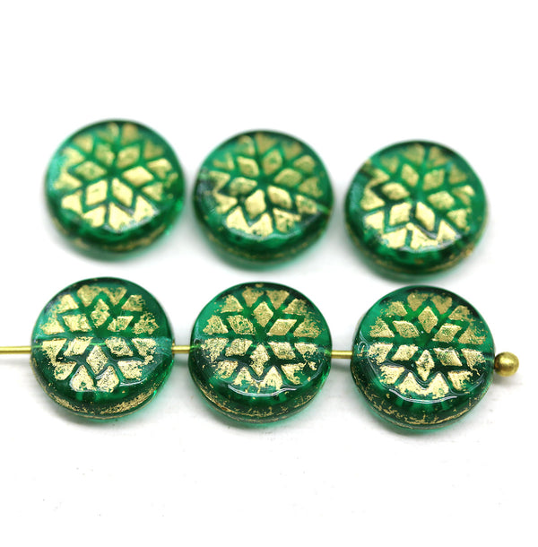 Teal green golden ornament czech glass snowflake beads 6pc