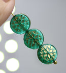 Teal green golden ornament czech glass snowflake beads 6pc